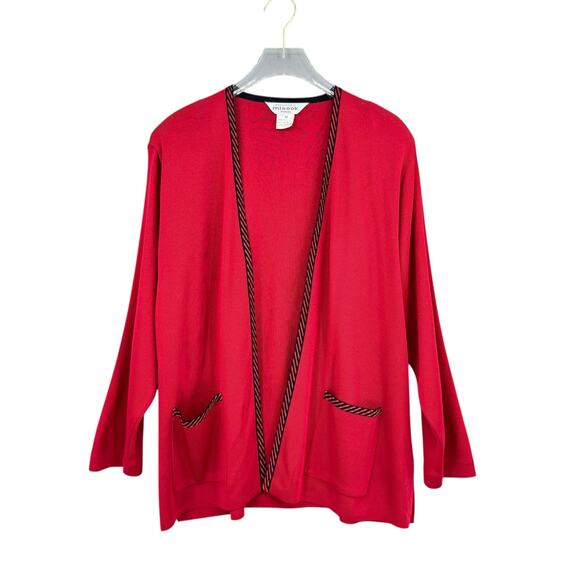 Exclusively Misook Petite Deep Red Knit Black Trim Layering Cardigan Sweater - Picture 6 of 10